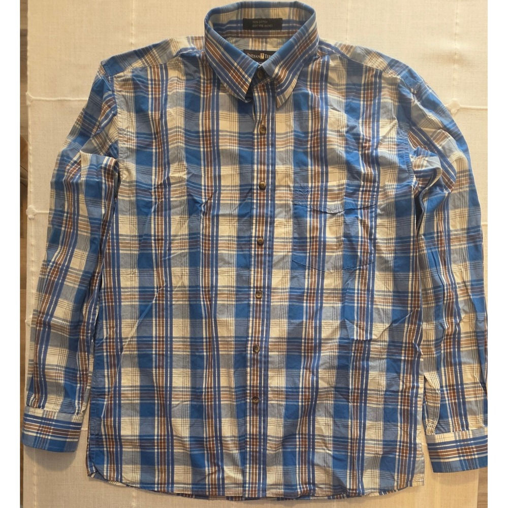 Indian Terrain Sportline Mens Blue Plaid Cotton Button Down Shirt Size M 40cms